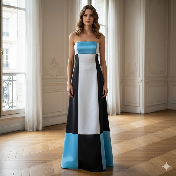 Jessica McClintock for Gunne Sax Vintage color block strapless maxi gown size 1 - Picture 1 of 14